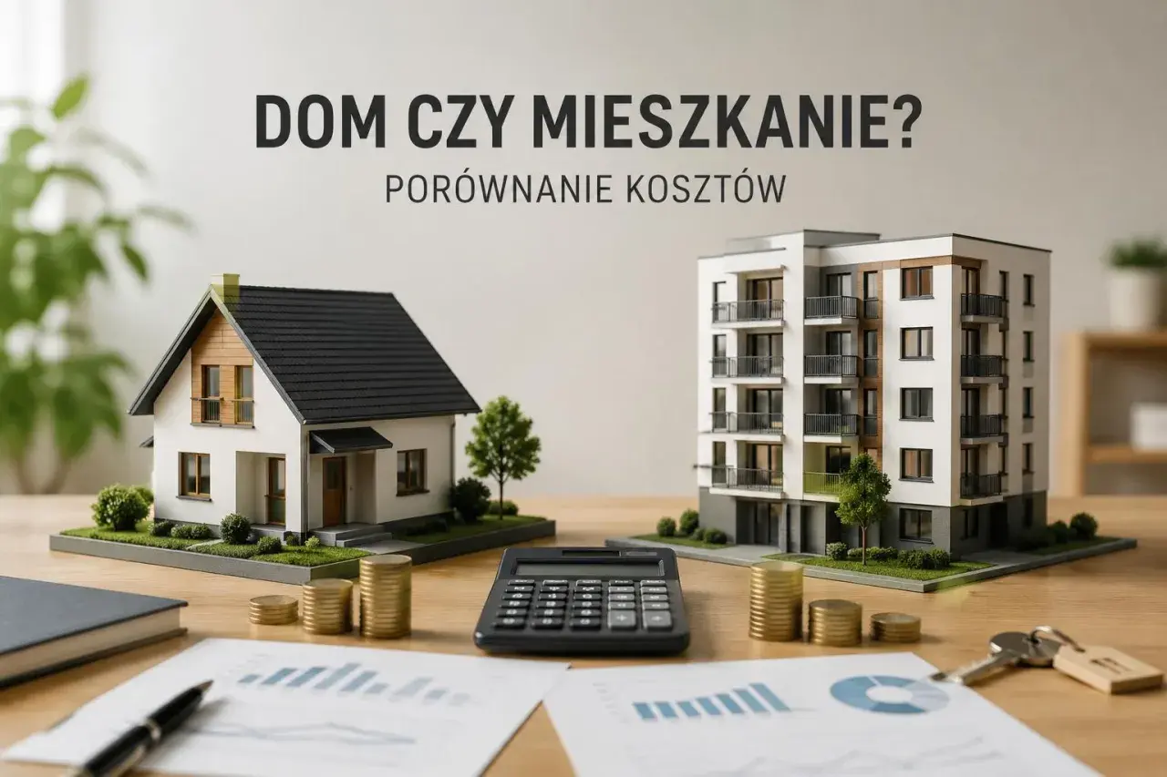 Porównanie kosztów: model domu i bloku mieszkalnego, kalkulator, monety i klucze. Dom czy mieszkanie?
