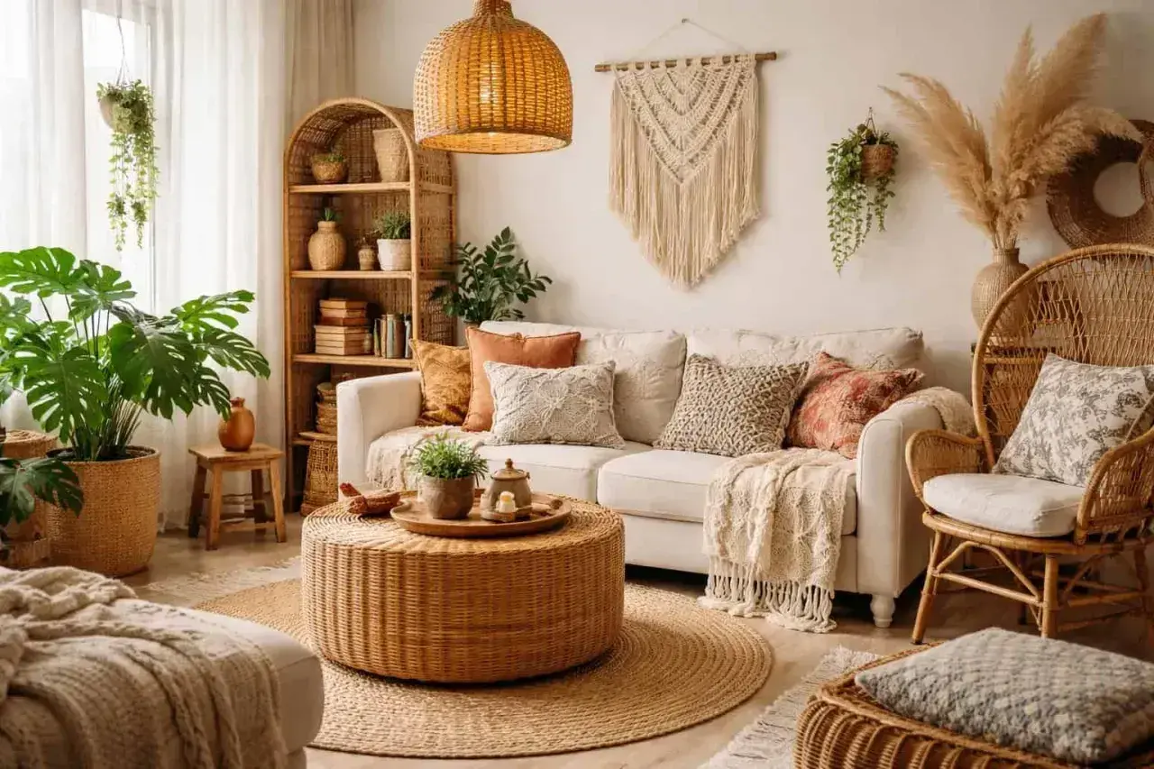 Styl boho co to znaczy? Przytulny salon z wiklinowymi meblami, mnóstwem roślin i makramą na ścianie.