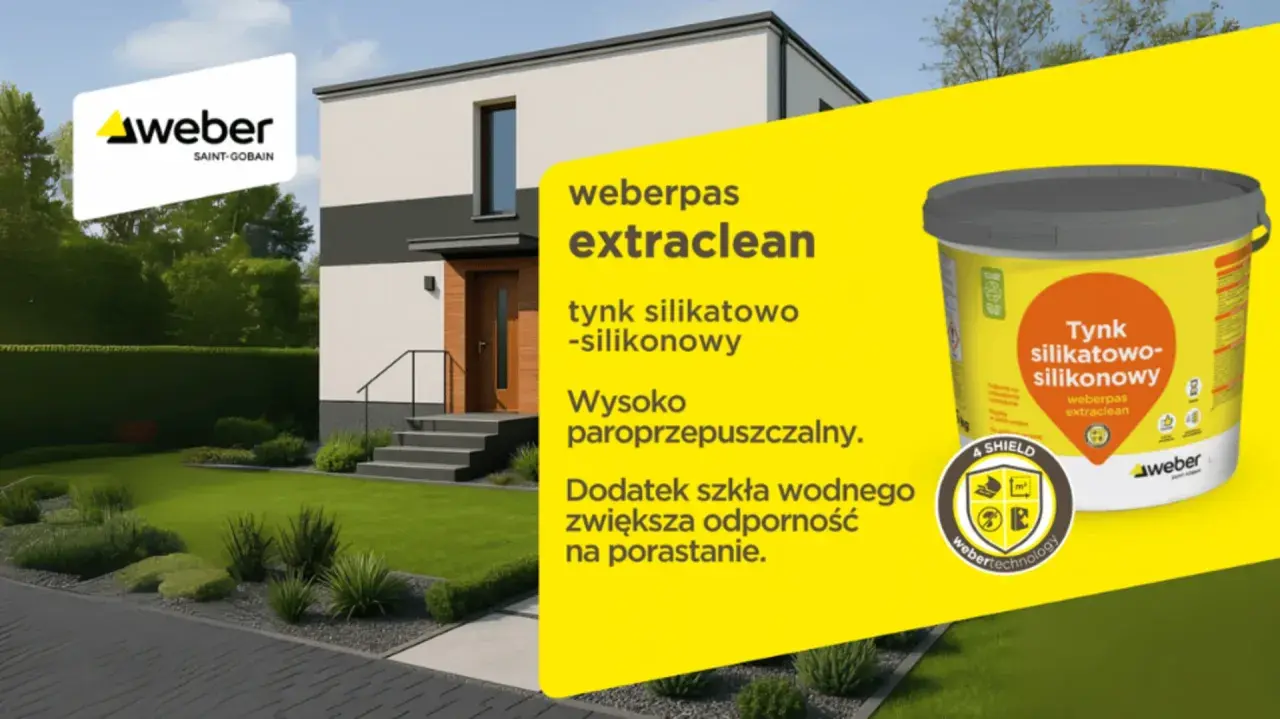 Szukasz idealnych tynków do domu? Weberpas extraclean to tynk silikatowo-silikonowy, który chroni elewację przed porastaniem.