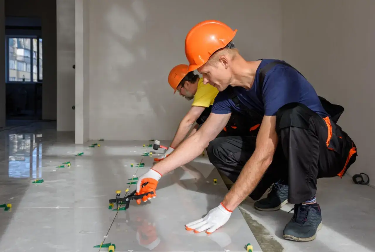 Dwóch budowlańców w kaskach układa płytki 60x60. Zastanawiasz się, jaki klej do płytek 60x60 będzie najlepszy?