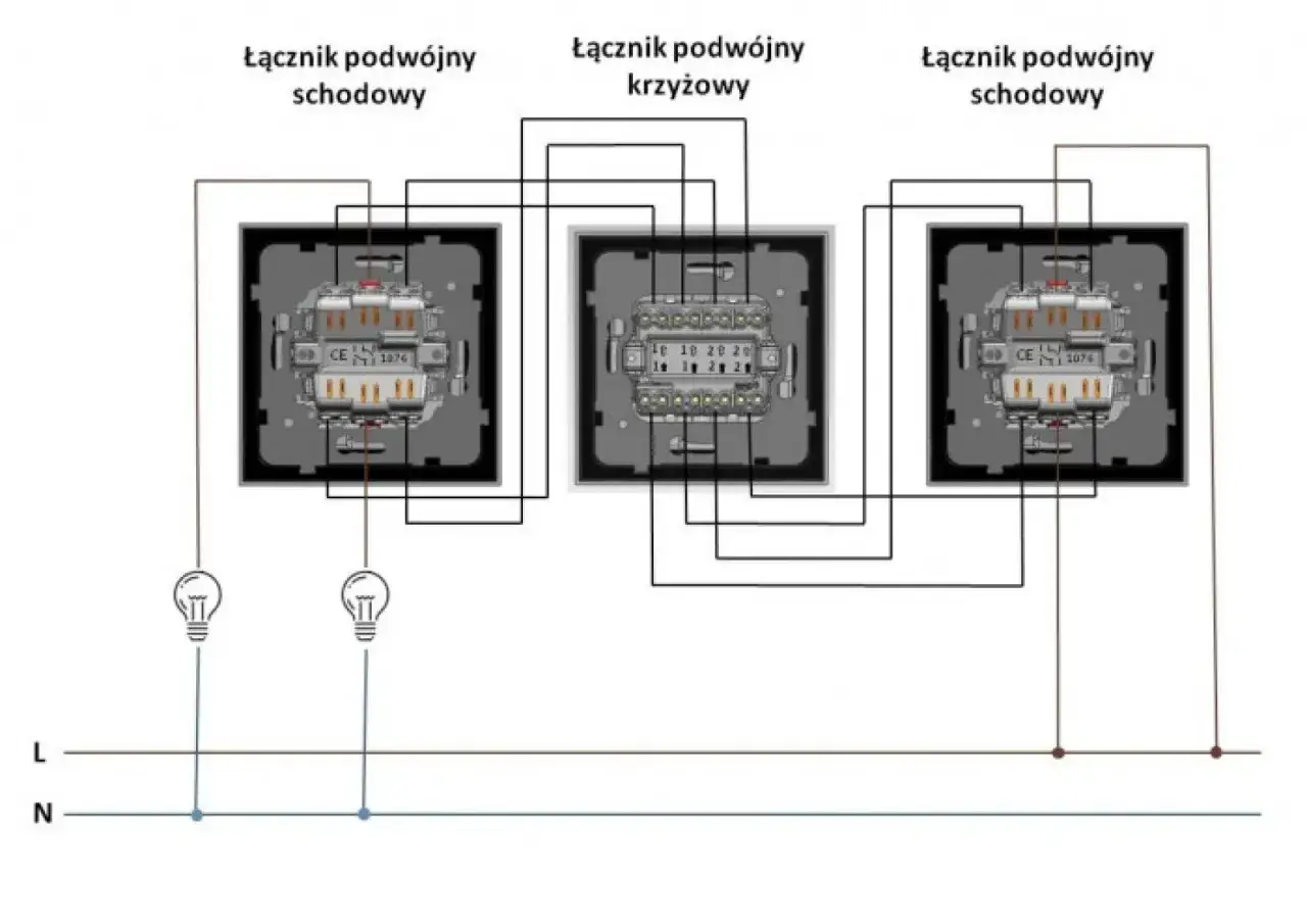 Schemat instalacji elektrycznej: łącznik podwójny schodowy, łącznik podwójny krzyżowy, łącznik podwójny schodowy.