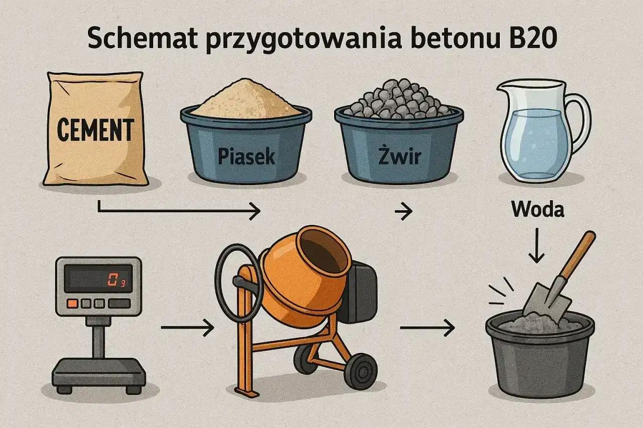 Schemat przygotowania betonu B20: cement, piasek, żwir i woda są ważone i mieszane w betoniarce.