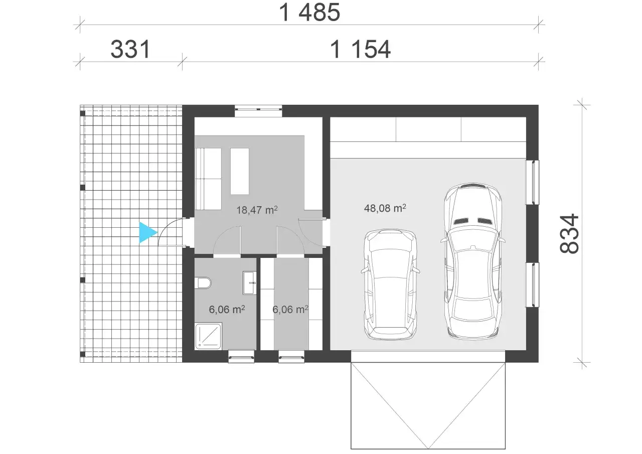 Projekt garażu dwustanowiskowego z pomieszczeniem gospodarczym. Dwa miejsca parkingowe, pomieszczenie 18,47 m², łazienka i pomieszczenie gospodarcze po 6,06 m².