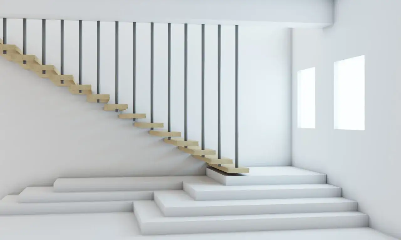 Nowoczesne schody w domu z drewnianymi stopniami i metalową balustradą, prowadzące na białe, geometryczne podesty.