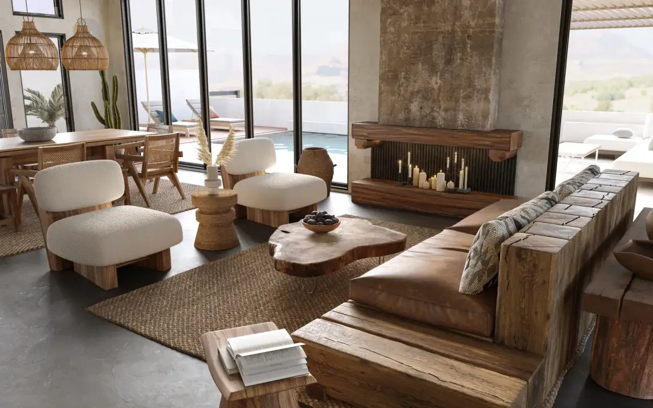 Salon w stylu wabi sabi z drewnianymi meblami, naturalnymi tkaninami i kamiennym kominkiem.