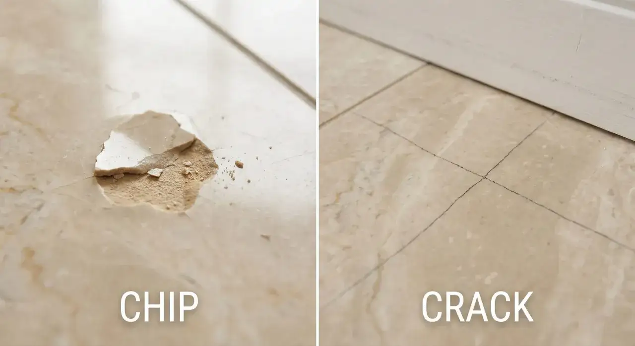 Uszkodzona płytka ceramiczna z ubytkiem i pęknięta płytka. Pokazane przykłady do naprawy płytek ceramicznych.