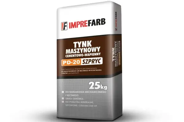 Worek tynku maszynowego cementowo-wapiennego PD-20 SZPRYC 25kg. Idealny do nakładania mechanicznego i ręcznego, z lekką obróbką.